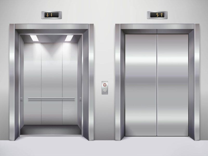 Open and closed chrome metal office building elevator doors realistic vector illustration